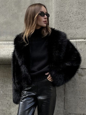 フェイクファーコート ブラック ウエスト上げ 長袖 フェイクファージャケット 冬用コート