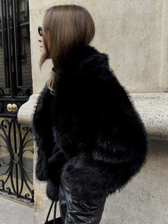 フェイクファーコート ブラック ウエスト上げ 長袖 フェイクファージャケット 冬用コート