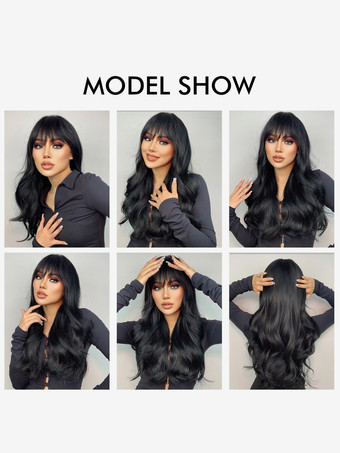 女性用ロングウィッグ PU ブラック 耐熱ファイバー ロング合成ウィッグ