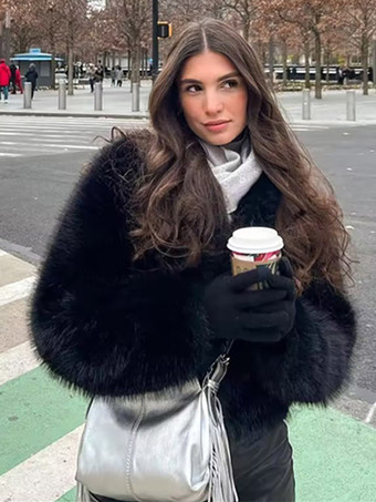 ブラック フェイクファーコート ブラック ウエストラインなし 長袖 オーバーサイズ 冬用コート