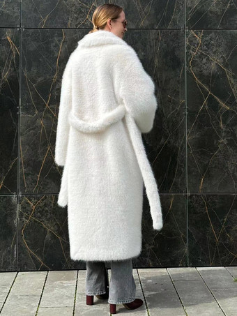 フェイクファーコート ホワイト ノッチラペル ベルト付き エコフレンドリー 冬用ロングジャケット 2025