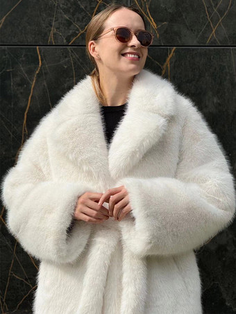 フェイクファーコート ホワイト ノッチラペル ベルト付き エコフレンドリー 冬用ロングジャケット 2025