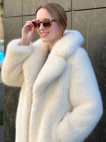 フェイクファーコート ホワイト ノッチラペル ベルト付き エコフレンドリー 冬用ロングジャケット 2025