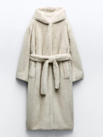 フード付きフェイクファーロングコート ライトアプリコット オーバーサイズ 冬アウター レディース 2025