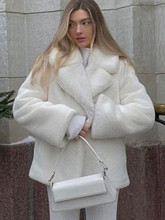 ホワイト フェイクファーコート シックなターンダウンカラー ホワイト 冬用ロングジャケット レディース 2025