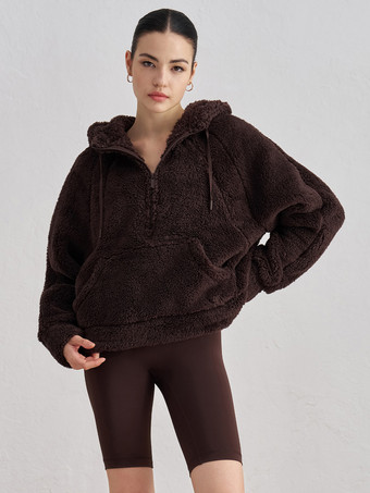 ディープブラウン女性用パーカー ディープブラウン 長袖 ジッパー ポリエステル フード付き スウェットシャツ