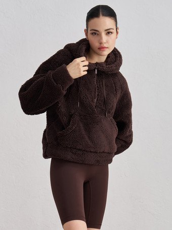 女性用パーカー ディープブラウン 長袖 ジッパー ポリエステル フード付き スウェットシャツ