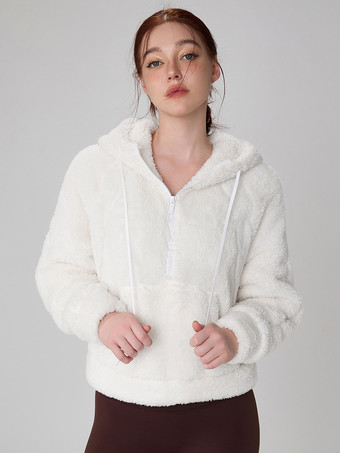 ホワイト 女性用パーカー ディープブラウン 長袖 ジッパー ポリエステル フード付き スウェットシャツ