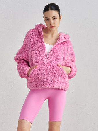 ホットピンク女性用パーカー ディープブラウン 長袖 ジッパー ポリエステル フード付き スウェットシャツ