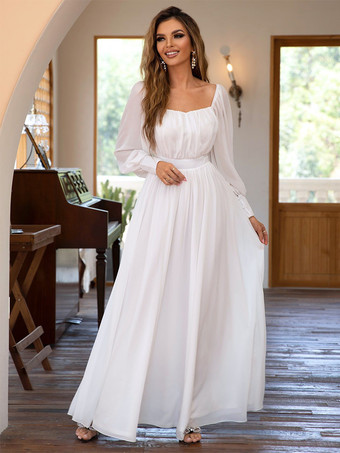 パーティードレス ホワイト スクエアネック プリーツ 長袖 セミフォーマルドレス