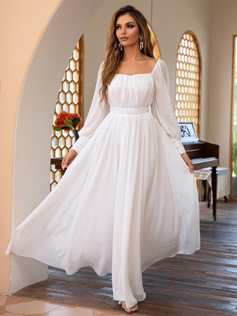 パーティードレス ホワイト スクエアネック プリーツ 長袖 セミフォーマルドレス