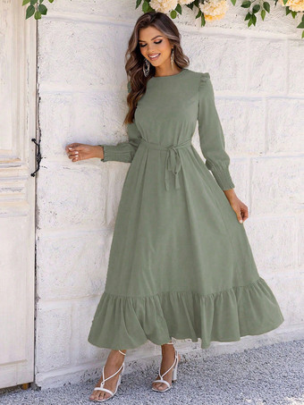 マキシドレス ジュエルネック 長袖 ポリエステル シック フロア丈ドレス