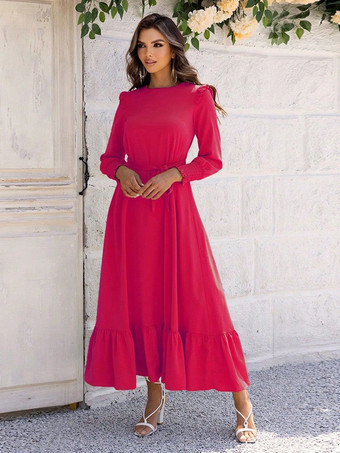 ローズレッドマキシドレス ジュエルネック 長袖 ポリエステル シック フロア丈ドレス