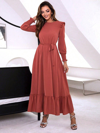 スイカ（レッド）マキシドレス ジュエルネック 長袖 ポリエステル シック フロア丈ドレス