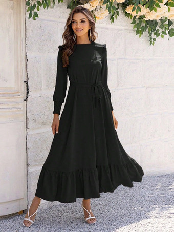 ブラック マキシドレス ジュエルネック 長袖 ポリエステル シック フロア丈ドレス