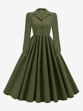 JägergrünRetro-Kleid Braun 1950er Jahre Audrey Hepburn Stil Knöpfe Lange Ärmel Umlegekragen Mittelgroßes Rockabilly-Kleid