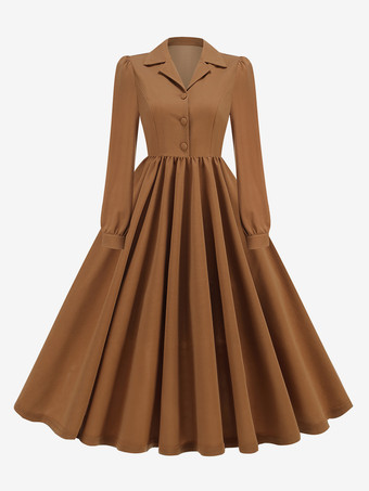 Braun      Retro-Kleid Braun 1950er Jahre Audrey Hepburn Stil Knöpfe Lange Ärmel Umlegekragen Mittelgroßes Rockabilly-Kleid