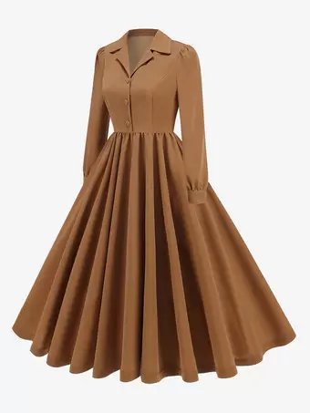 Retro Dress Brown 1950s Audrey Hepburn Style Buttons Long Sleeves Turndown Collar Medium Rockabilly Dress