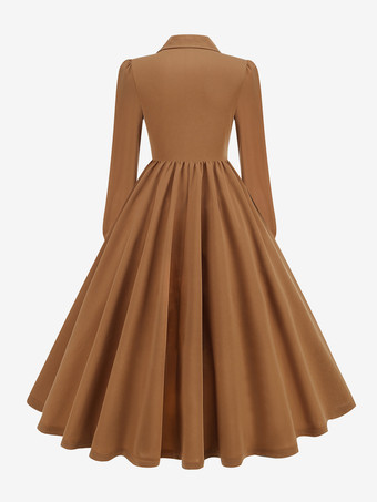 Retro-Kleid Braun 1950er Jahre Audrey Hepburn Stil Knöpfe Lange Ärmel Umlegekragen Mittelgroßes Rockabilly-Kleid