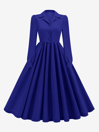 Blau Retro-Kleid Braun 1950er Jahre Audrey Hepburn Stil Knöpfe Lange Ärmel Umlegekragen Mittelgroßes Rockabilly-Kleid