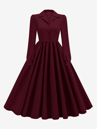 BurgunderrotRetro-Kleid Braun 1950er Jahre Audrey Hepburn Stil Knöpfe Lange Ärmel Umlegekragen Mittelgroßes Rockabilly-Kleid