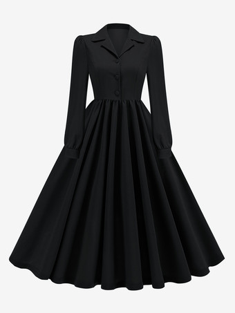 SchwarzRetro-Kleid Braun 1950er Jahre Audrey Hepburn Stil Knöpfe Lange Ärmel Umlegekragen Mittelgroßes Rockabilly-Kleid