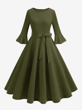 ハンターグリーン レトロドレス 1950 年代 オードリー ヘップバーン スタイル ジュエル ネック サッシュ 7分袖 ミディアム レッド ロカビリー ドレス