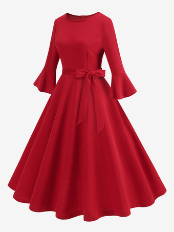 レトロドレス 1950 年代 オードリー ヘップバーン スタイル ジュエル ネック サッシュ 7分袖 ミディアム レッド ロカビリー ドレス