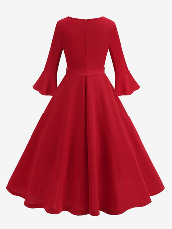 レトロドレス 1950 年代 オードリー ヘップバーン スタイル ジュエル ネック サッシュ 7分袖 ミディアム レッド ロカビリー ドレス