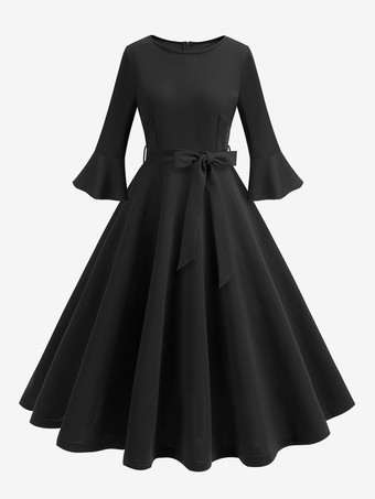 ブラック レトロドレス 1950 年代 オードリー ヘップバーン スタイル ジュエル ネック サッシュ 7分袖 ミディアム レッド ロカビリー ドレス