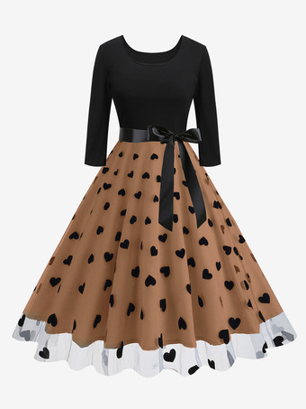 ブラウンレトロドレス レッド 1950年代 オードリー ヘップバーン スタイル 花柄 サッシュ 7分袖 ジュエルネック ミディアム ロカビリー ドレス