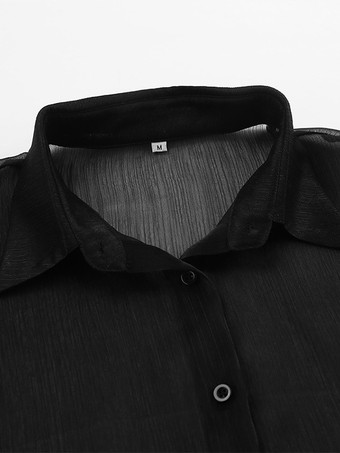 Chemisier En Tulle Noir Transparent Sexy À Lacets Manches Longues Bouffantes