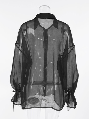 Chemisier En Tulle Noir Transparent Sexy À Lacets Manches Longues Bouffantes