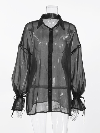 Chemisier En Tulle Noir Transparent Sexy À Lacets Manches Longues Bouffantes