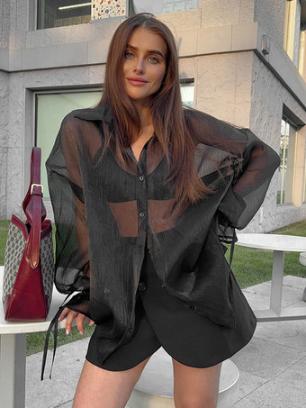Chemisier En Tulle Noir Transparent Sexy À Lacets Manches Longues Bouffantes