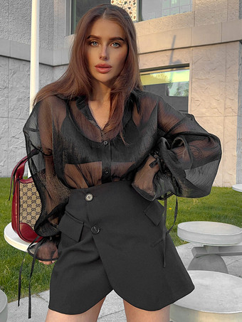 Chemisier En Tulle Noir Transparent Sexy À Lacets Manches Longues Bouffantes