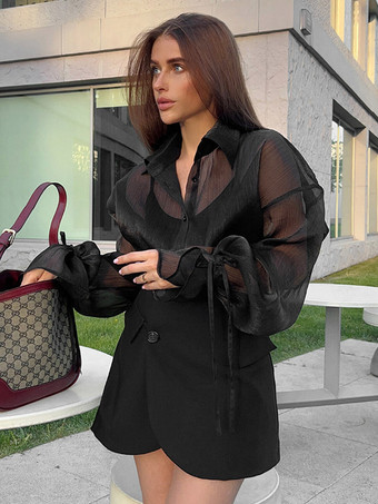 Chemisier En Tulle Noir Transparent Sexy À Lacets Manches Longues Bouffantes