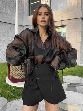 noir Chemisier En Tulle Noir Transparent Sexy À Lacets Manches Longues Bouffantes