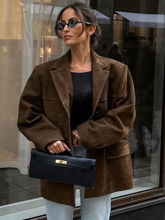 ブラウン レディースブレザー モダンスエード ターンダウンカラー 長袖