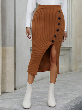 ラクダ色 スカート キャメル アクリル ウエスト上げ シック ハイスリット 秋 ミディアム丈 レディース ボトムス