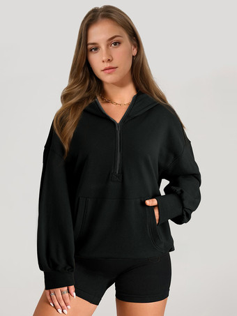 ブラック 女性用パーカー ライトグリーン 長袖 ジッパー ポリエステル フード付き スウェットシャツ