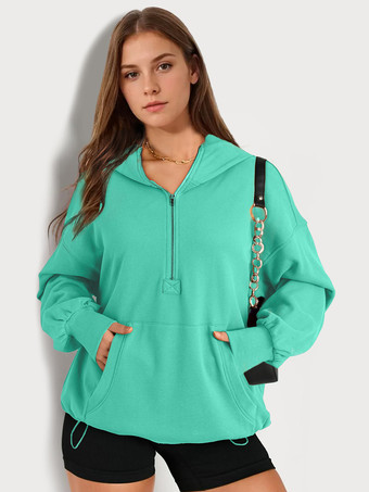 ティールグリーン女性用パーカー ライトグリーン 長袖 ジッパー ポリエステル フード付き スウェットシャツ