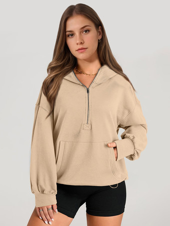 アイボリー 女性用パーカー ライトグリーン 長袖 ジッパー ポリエステル フード付き スウェットシャツ