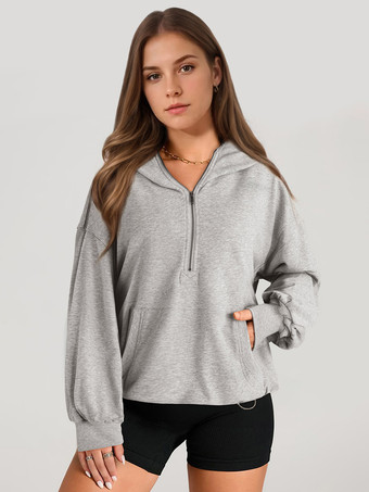 ライトグレー 女性用パーカー ライトグリーン 長袖 ジッパー ポリエステル フード付き スウェットシャツ