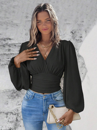 ブラック 長袖Tシャツ ダークグリーン レイヤード Vネック レディースTシャツ