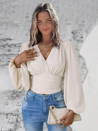 アイボリー 長袖Tシャツ ダークグリーン レイヤード Vネック レディースTシャツ