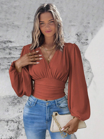 ブリックレッド長袖Tシャツ ダークグリーン レイヤード Vネック レディースTシャツ