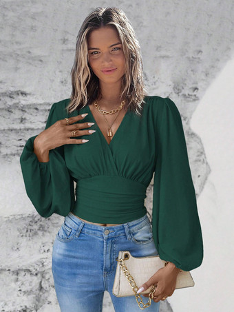 ダークグリーン長袖Tシャツ ダークグリーン レイヤード Vネック レディースTシャツ