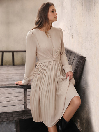 スケータードレス ジュエルネック ロングスリーブ レースアップ カジュアル フレアドレス ミディドレス