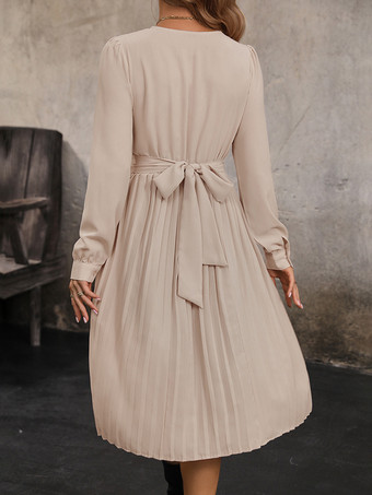 スケータードレス ジュエルネック ロングスリーブ レースアップ カジュアル フレアドレス ミディドレス